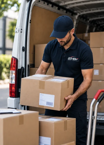 Professionnel préparant des colis dans un véhicule