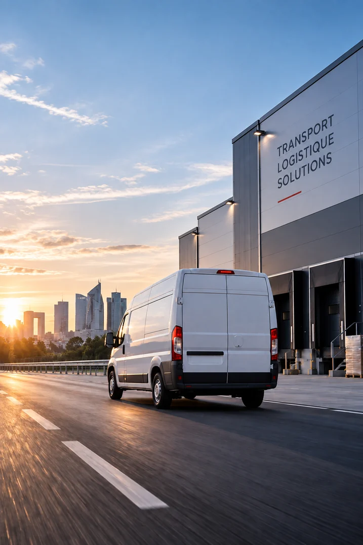 Véhicule de transport devant un site logistique